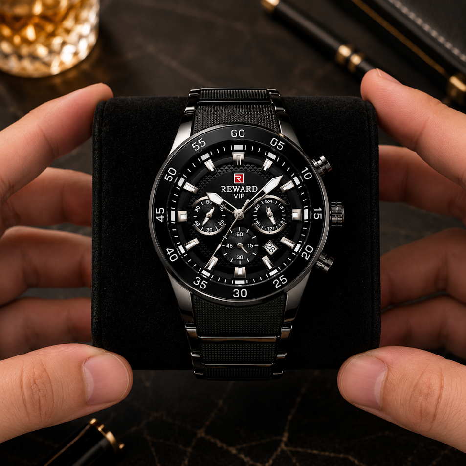 Luxury Gold & Black Stainless Steel Chronograph Watch