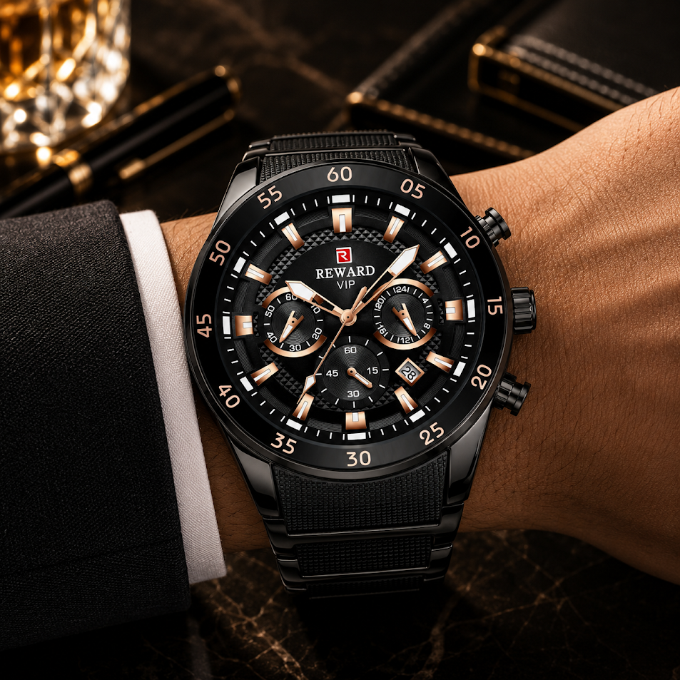 Luxury Gold & Black Stainless Steel Chronograph Watch